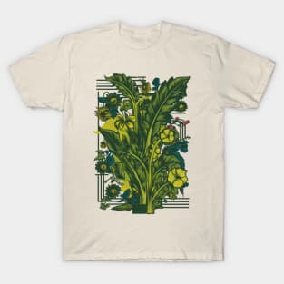 Green Plant Leaf Pattern with Abstract Art T-Shirt